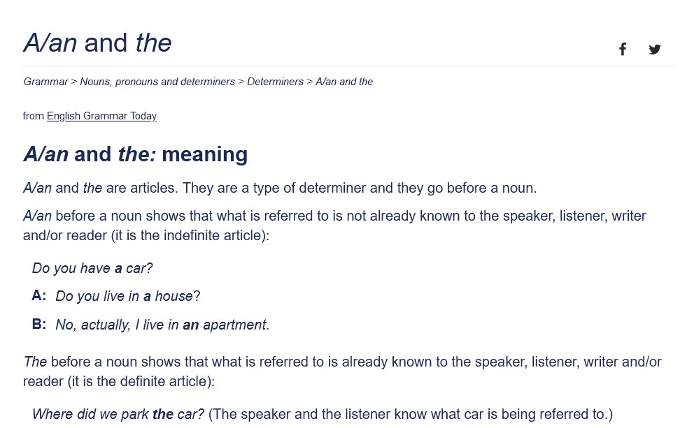 مثال عن شرح قواعد اللغة في قاموس Cambridge